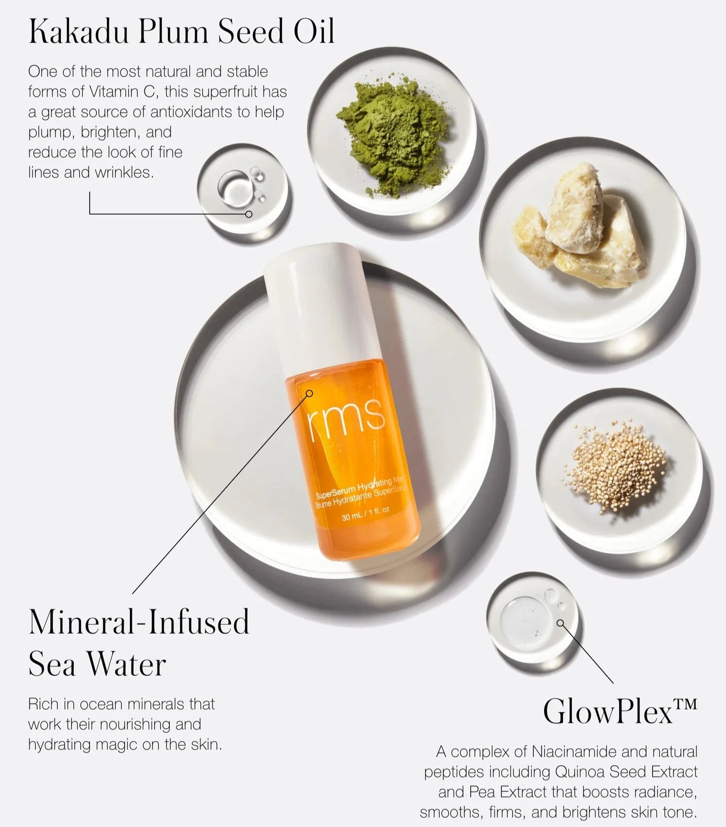 The RMS super serum hydrating mist is made with Kakadu plum seed oil, mineral infused sea water, and Glowplex, a complex made from niacinamide and natural peptides