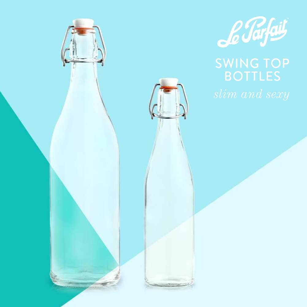 A 500ml clear French glass swing top bottle with an airtight hinged stopper, suitable for preserving foods.