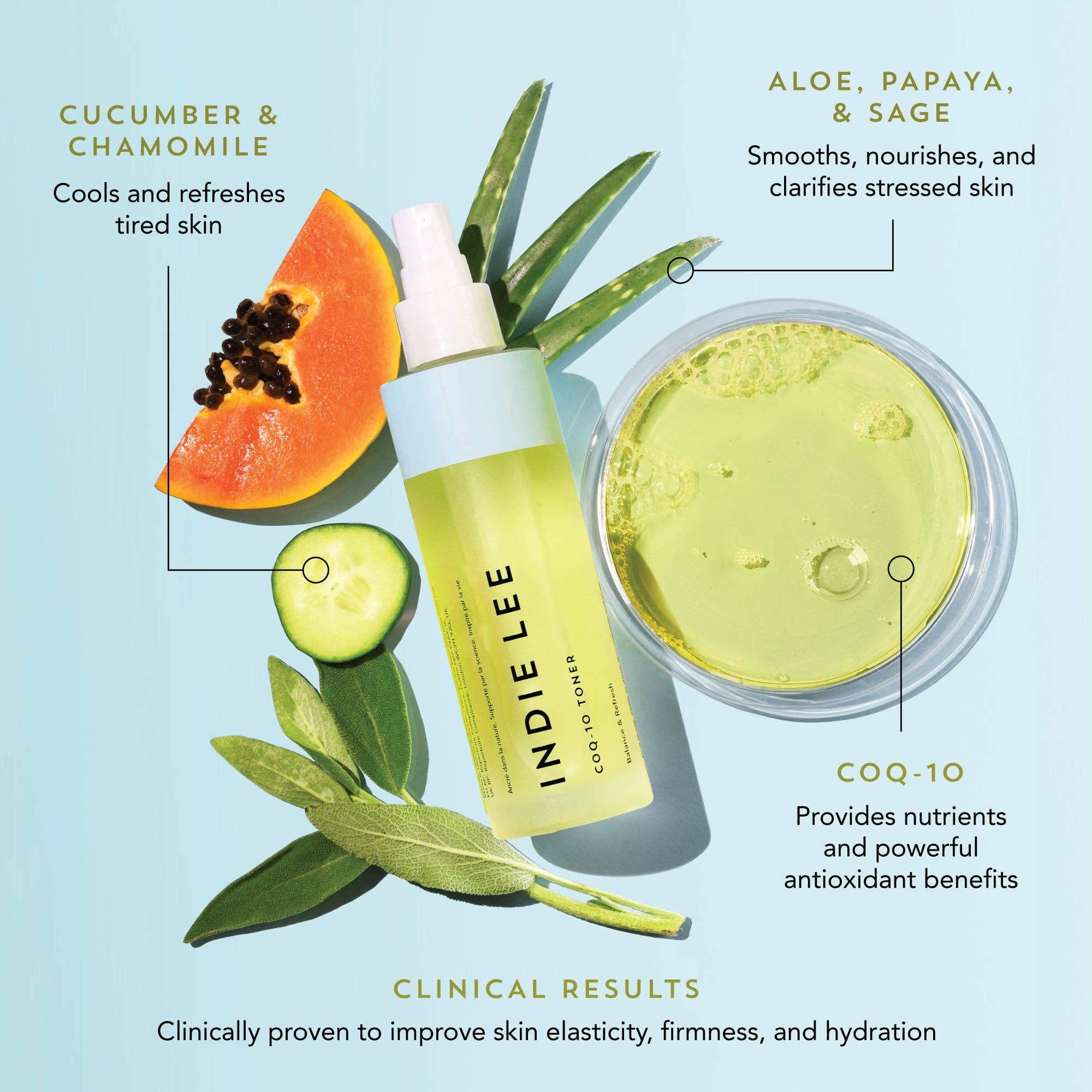 Indie Lee skincare products with ingredients labeled on a light blue background