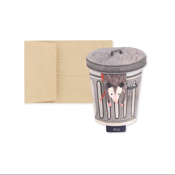 A greeting card shaped like a trash can