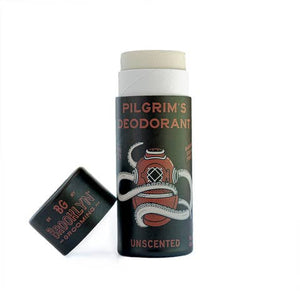 A stick deodorant labeled 'Pilgrim’s Deodorant' with the word 'UNSCENTED' printed on the cap, indicating the fragrance-free variant of the product.