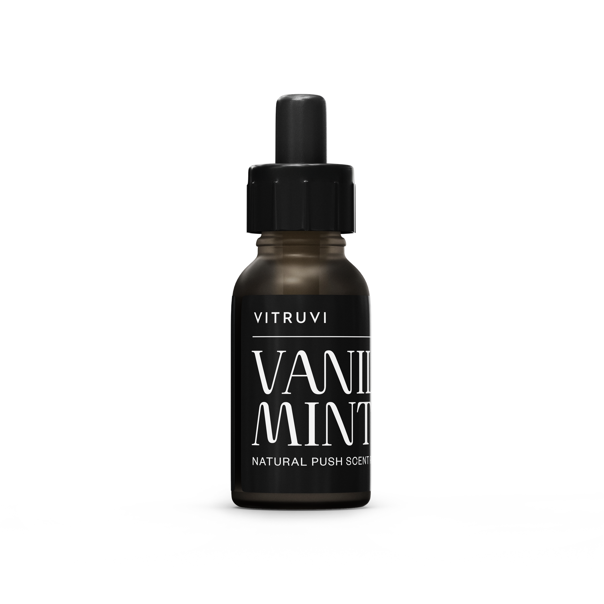 Vitruvi Vanilla Mint essential oil bottle on a white background